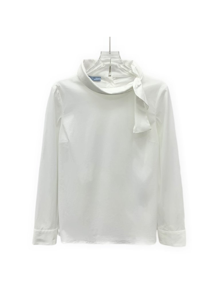 Prada White Bow Back Button-Detail Cotton Long-Sleeve Shirt